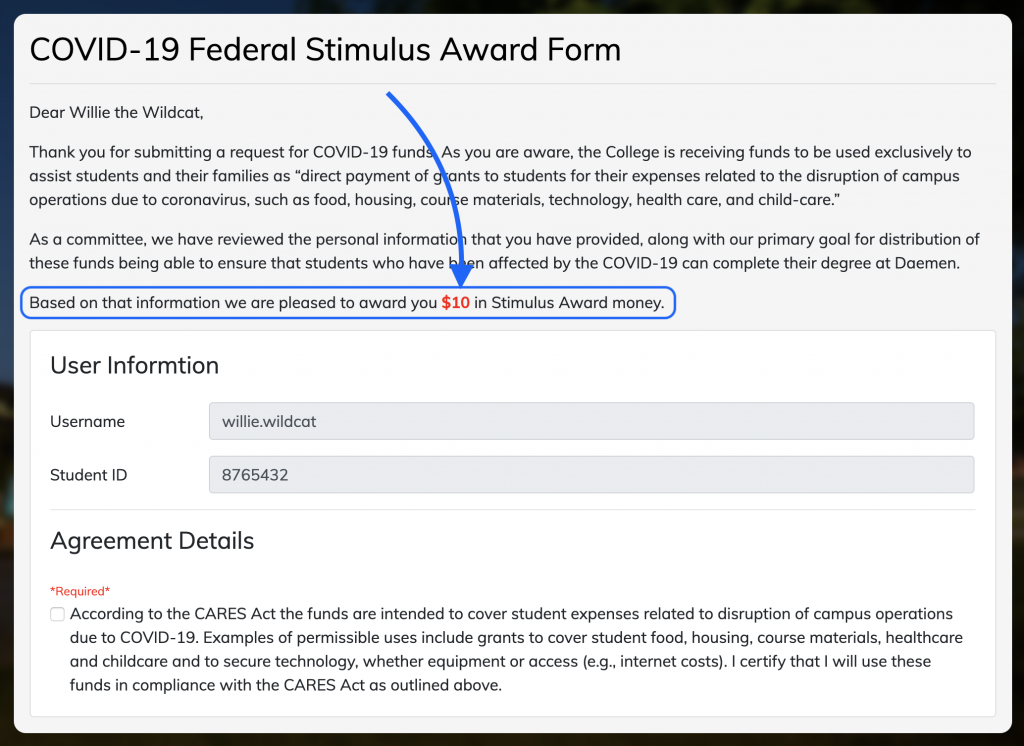 Stimulus form award amount example