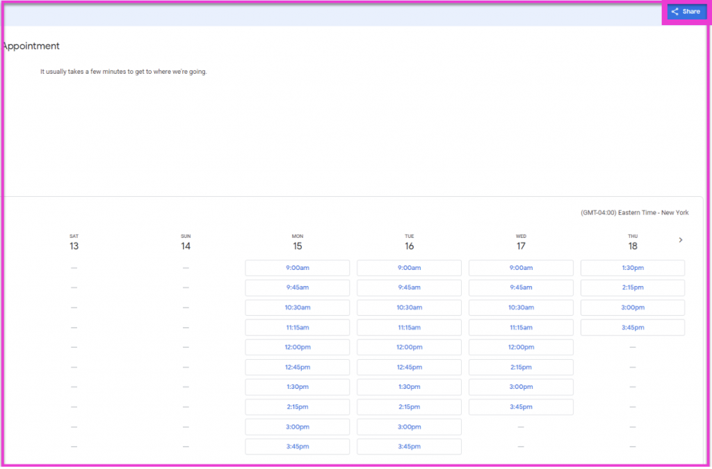 Front face view of what participants will see when selecting an appointment time. 