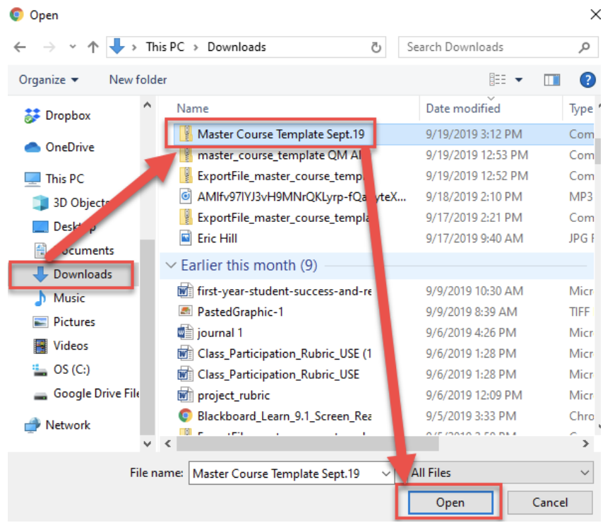 Within your files or downloads, select the Master Course Zip File and select open.