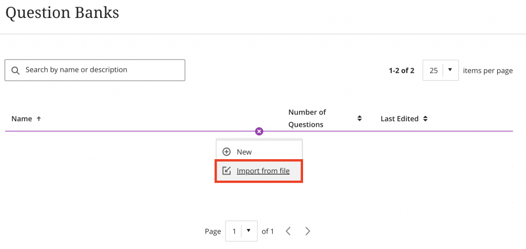 4. To import a Zip file into question banks, click on the purple "+" button and select the option "Import from File." After that, you should upload the Zip file and then proceed to create your test questions. 