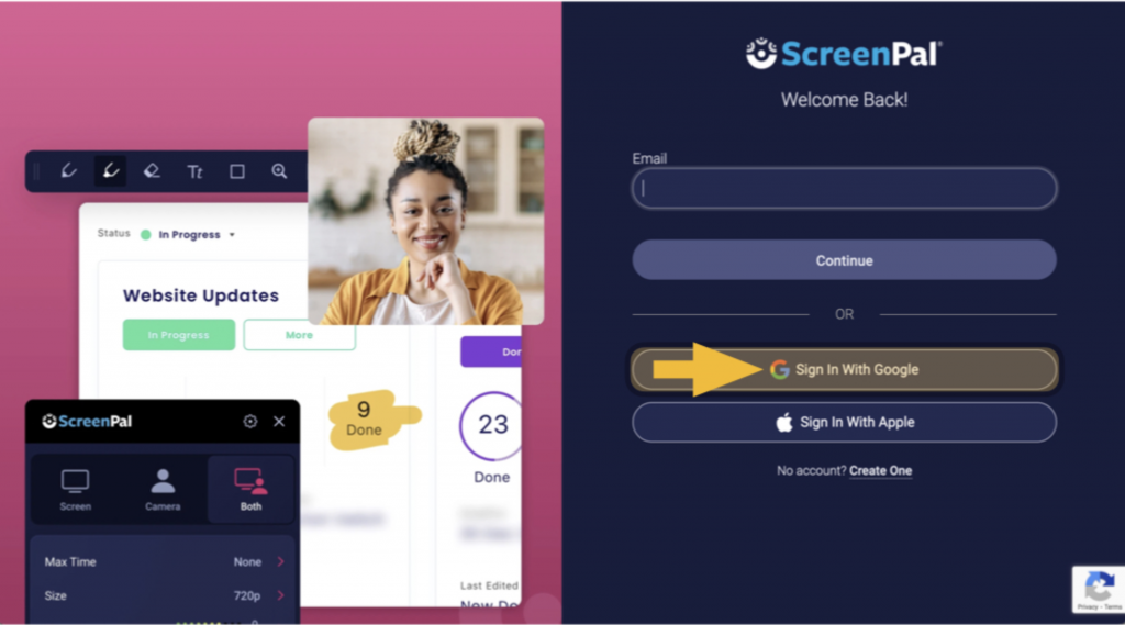 Login to the service by going to https://screenpal.com, select the Google option, and use your Daemen user ID and password. 
