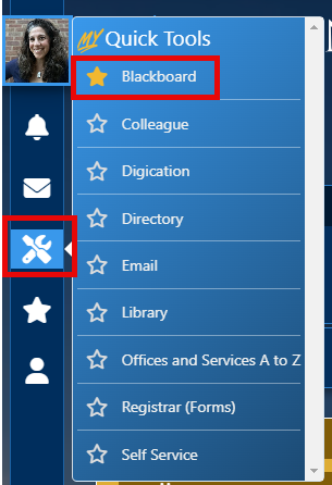 Quick Tools icon with a list of tools. Blackboard is selected.